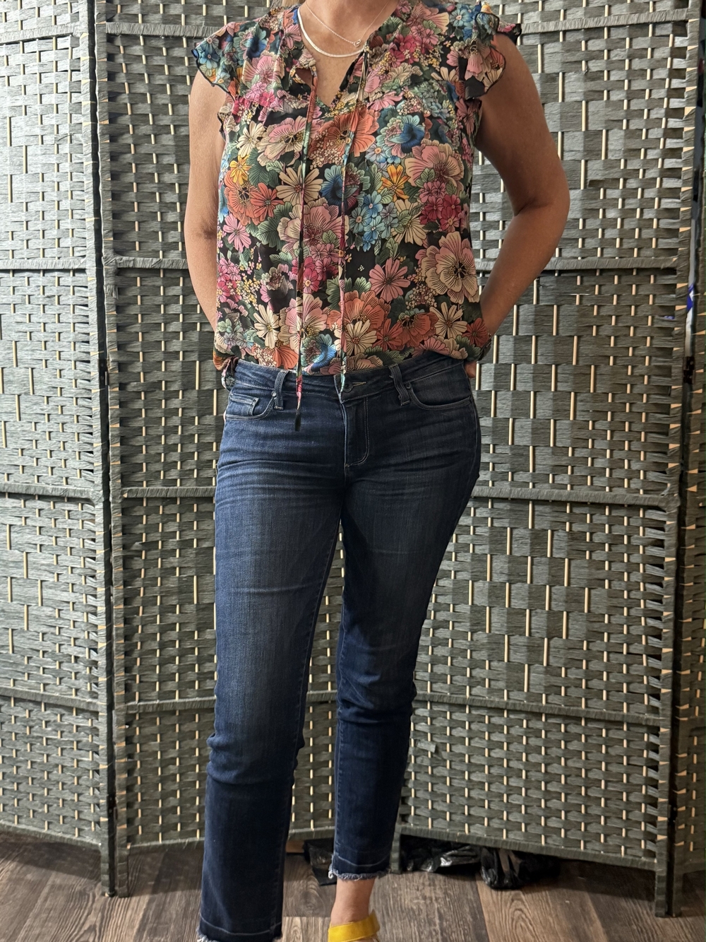 Flint & Moss Foral Ruffle-Sleeve Tank Top in Multicolor Sz LG